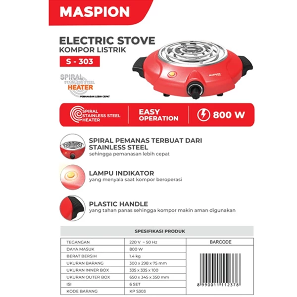 Maspion S-303 Kompor Listrik Portable Dengan Spiral Pemanas Stainless Steel