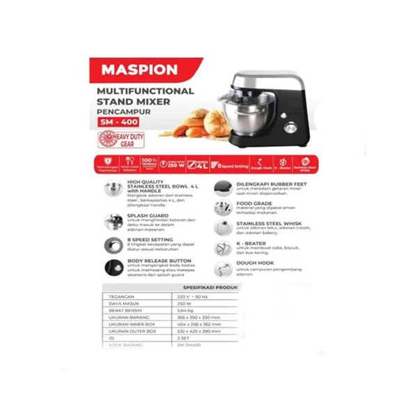 Maspion SM400 Super Heavy Duty Gear Stand Mixer Kitchen Multifunction