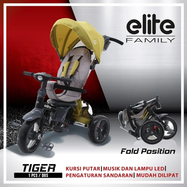 Elite Family Tiger Baby Walker Sepeda Anak Roda 3 Dengan Musik Lampu Dan Kanopi
