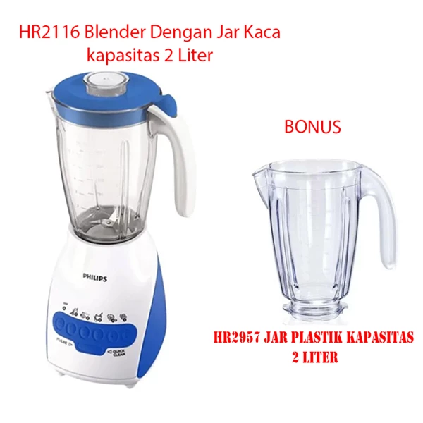 Philips HR2116 Blender 2 Liter Glass Jar Bonus Plastic Jar HR2957 2 Liter Capacity